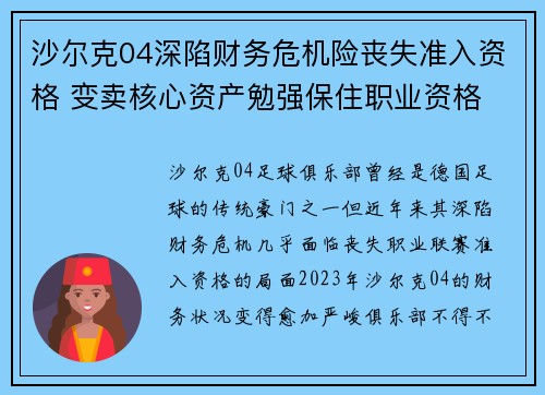 沙尔克04深陷财务危机险丧失准入资格 变卖核心资产勉强保住职业资格 沙尔克04深陷财务危机险丧失准入资格 变卖核心资产勉强保住职业资格
