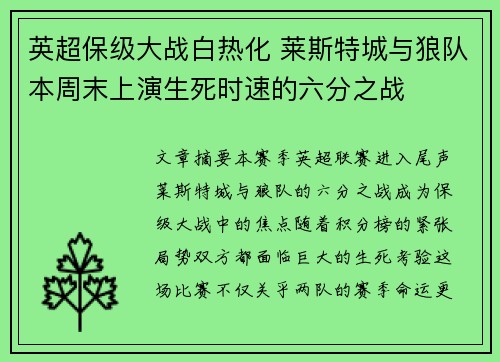 英超保级大战白热化 莱斯特城与狼队本周末上演生死时速的六分之战 英超保级大战白热化 莱斯特城与狼队本周末上演生死时速的六分之战